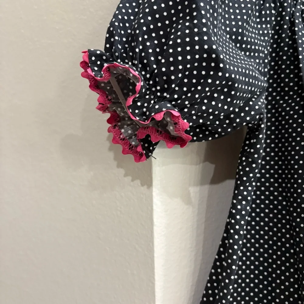 Stellybelly black and white polka dot short sleeve dress owl appliqué girls 6 GC